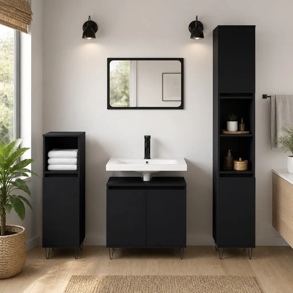 3 Piece Bathroom Cabinet Set Black Storage Furniture Engineered Wood Vanity Unit