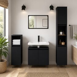 3 Piece Bathroom Cabinet Set Black Storage Furniture Engineered Wood Vanity Unit