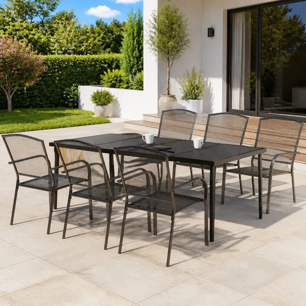 Outdoor Dining Set Stackable Chairs Steel Anthracite 7 Piece