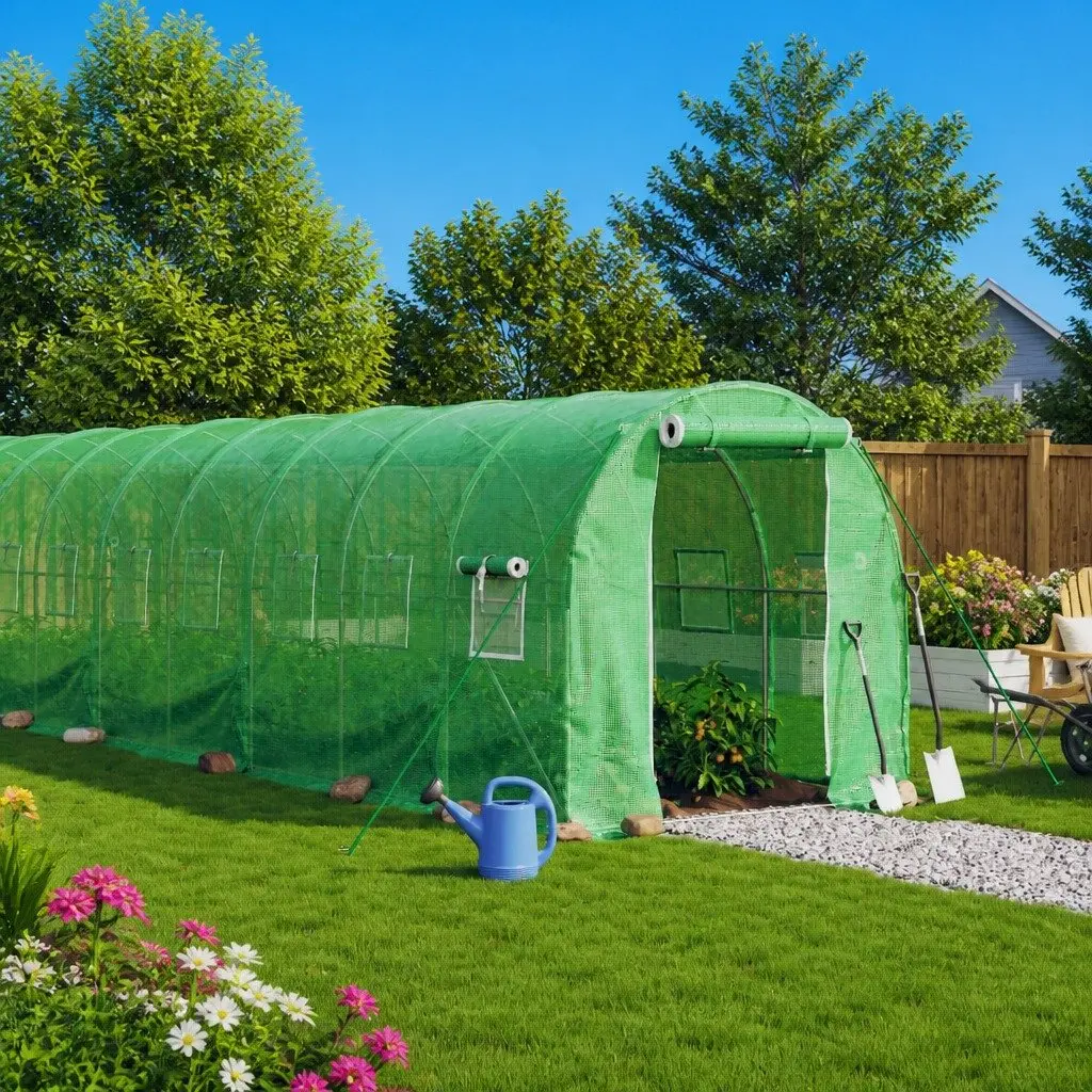 Greenhouse Steel Frame 20 m² Green PE Cover with Roll-Up Door and Mesh Windows