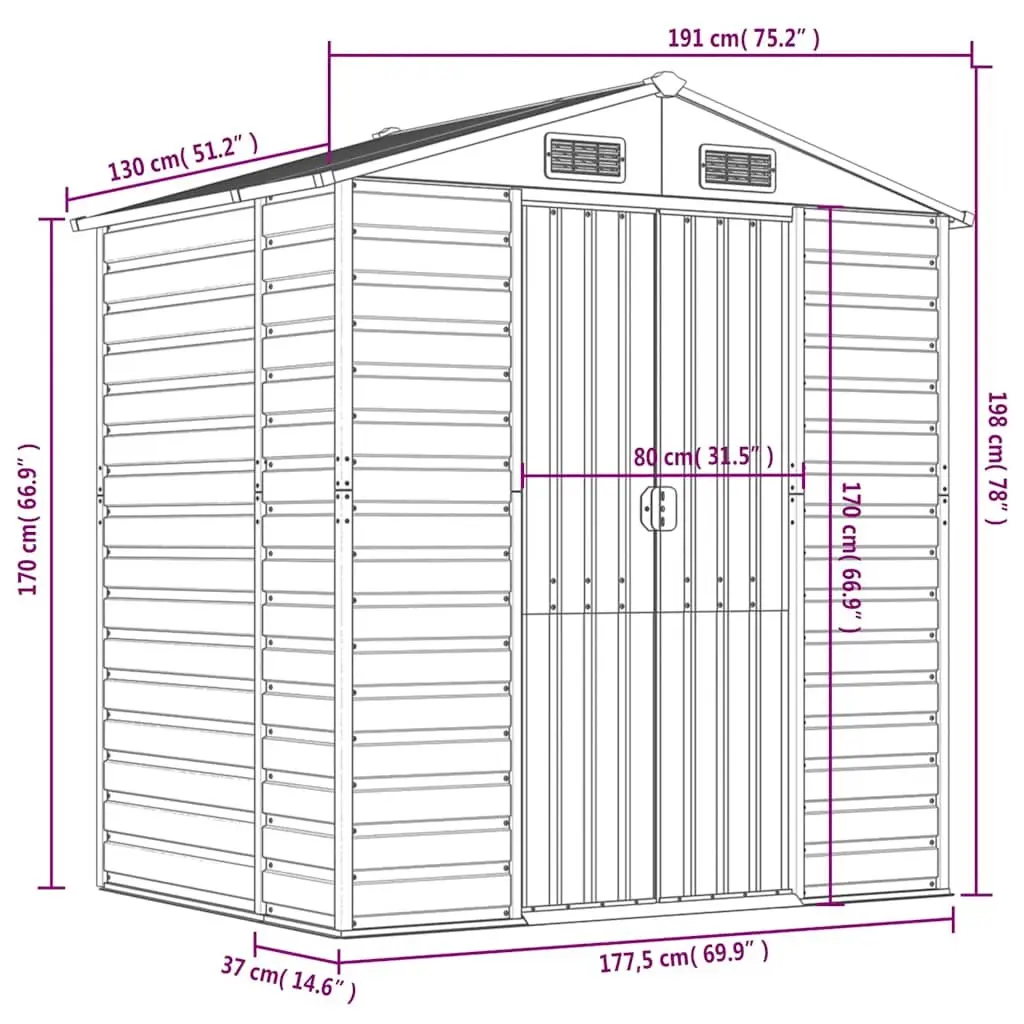 Garden Shed Galvanised Steel 191x130x198 cm Anthracite Outdoor Storage Structure