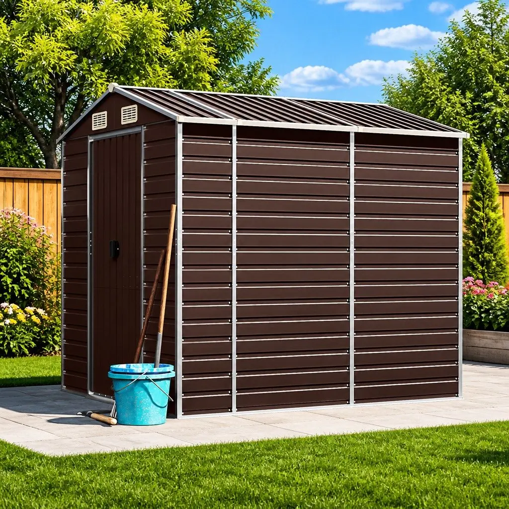 Garden Shed Brown Metal Outdoor Storage Tool House with Sloping Roof and Air Vents