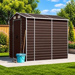 Garden Shed Brown Metal Outdoor Storage Tool House with Sloping Roof Air Vents