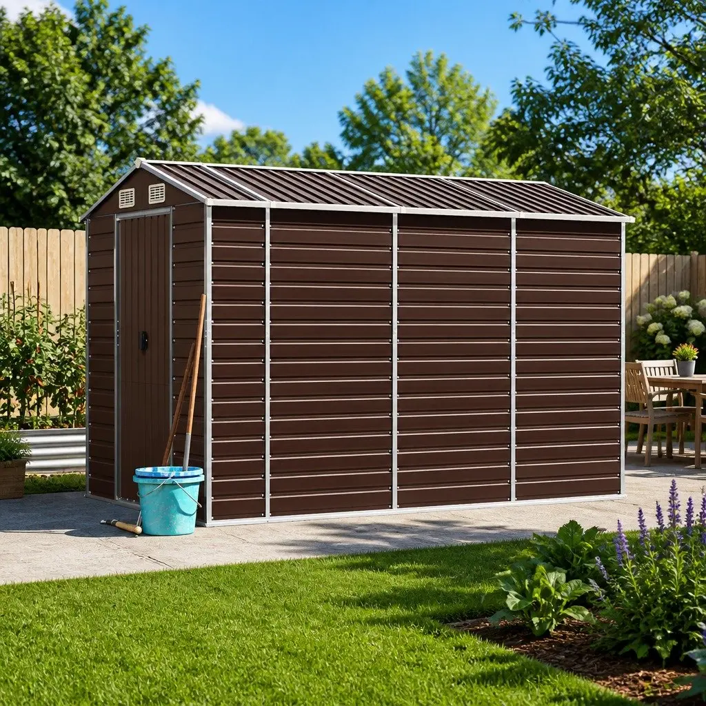 Garden Shed Galvanised Steel Outdoor Storage 191x300x198cm Brown