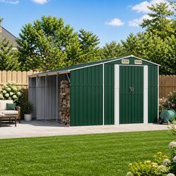 Garden Shed Green 277x365.5x179cm Outdoor Storage Metal Tool House with Handles