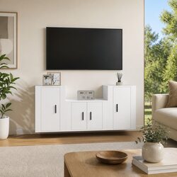 3 Piece Wall-Mounted TV Cabinet Set Storage Media Unit White Engineered Wood