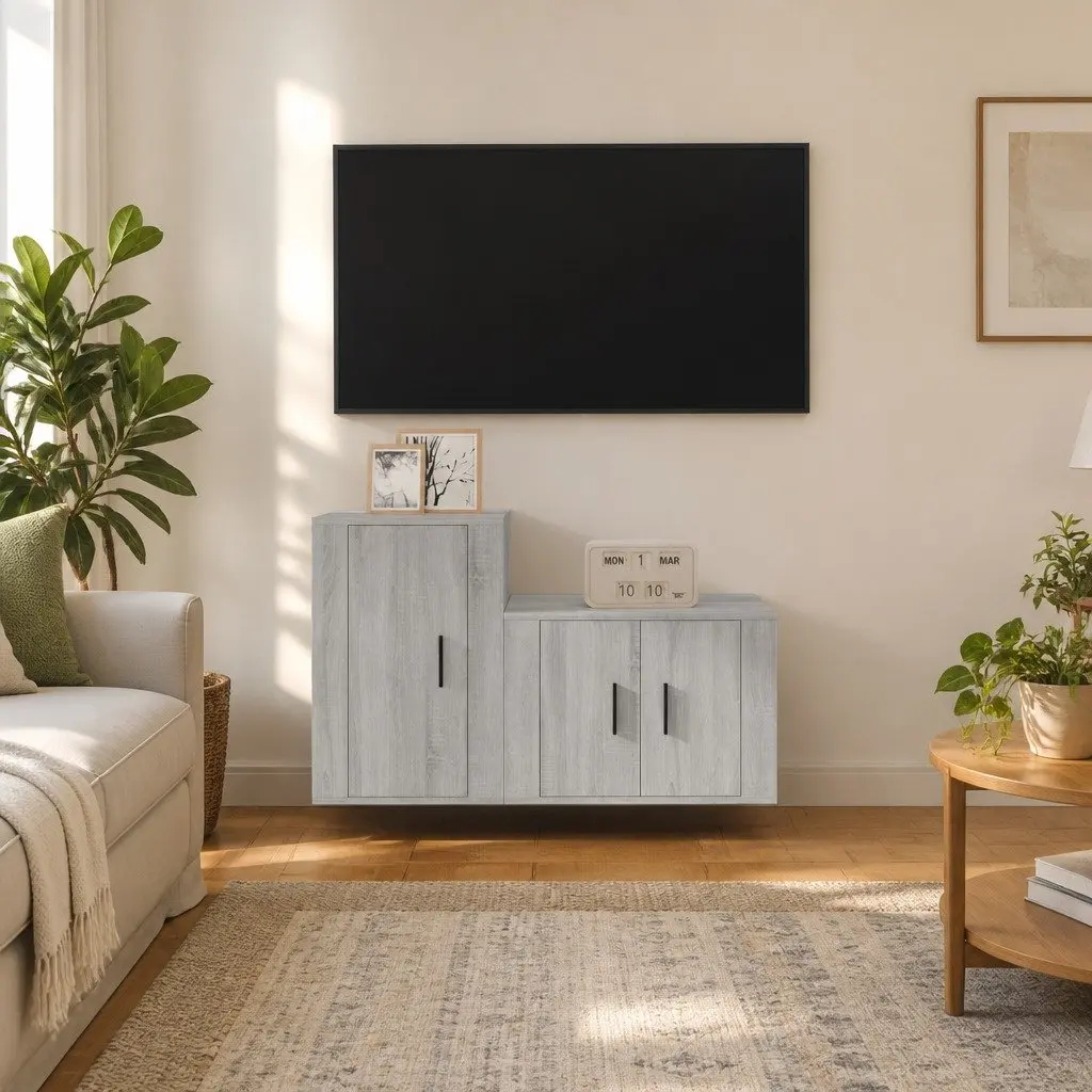 TV Cabinet Set Wall-Mounted Media Storage 2 Piece Grey Engineered Wood