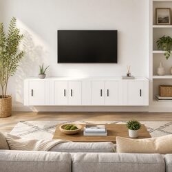 Wall Mounted TV Cabinet Set 4 Piece White Storage Media Unit Engineered Wood