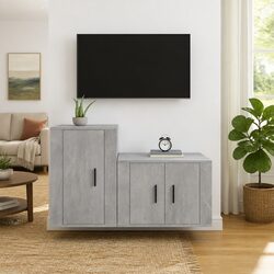 TV Cabinet Set Wall-Mounted Storage Unit Engineered Wood Grey 2 Pieces