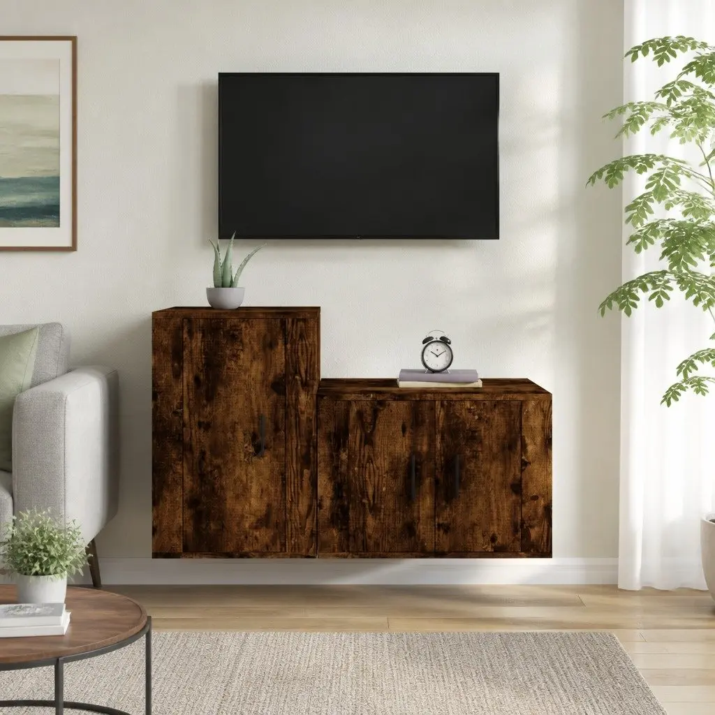 TV Cabinet Set Wall-Mounted Storage Unit Engineered Wood Brown Smoked Oak