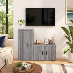 TV Cabinet Set 2 Piece Wall-Mounted Grey Storage Unit Engineered Wood