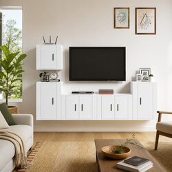 TV Cabinet Set White Wall-Mounted Storage Unit 5 Piece Engineered Wood Organiser