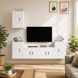 TV Cabinet Set 5 Piece White Wall-Mounted Storage Unit Engineered Wood Organiser