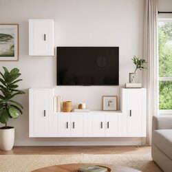 5 Piece TV Cabinet Set Wall-Mounted Storage Unit White Engineered Wood Furniture