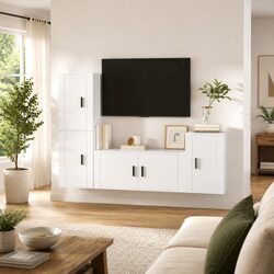 TV Cabinet Set 4 Piece Wall Mounted White Storage Unit Organiser Stand