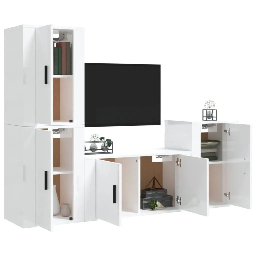 4 Piece TV Cabinet Set Wall Mounted High Gloss White Storage Unit Organizer