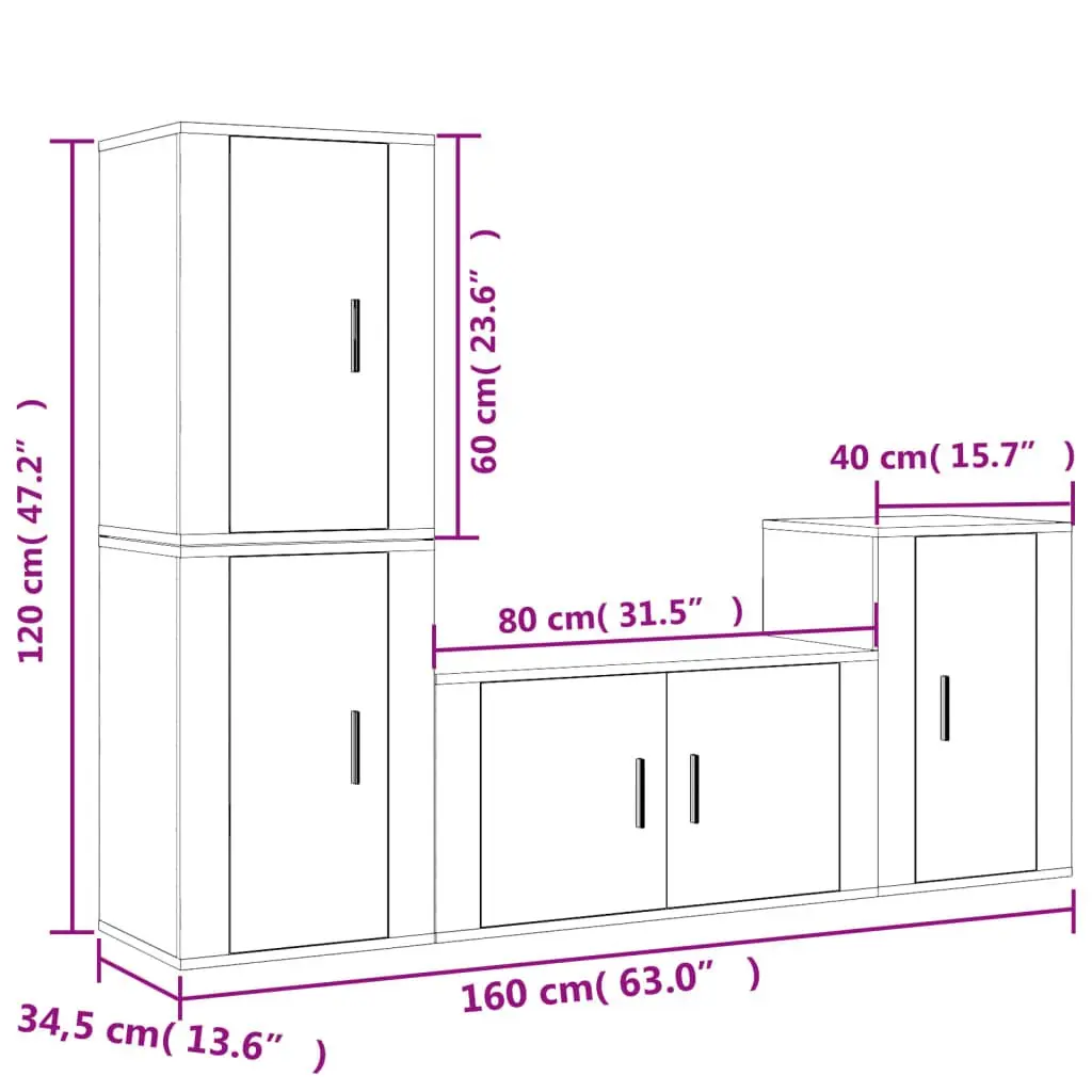 4 Piece TV Cabinet Set Wall Mounted High Gloss White Storage Unit Organizer