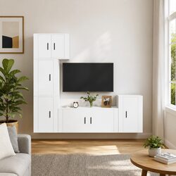 TV Cabinet Set 5 Piece White Wall Mounted Storage Unit Engineered Wood