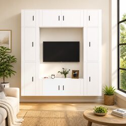 TV Cabinet Set Wall Mounted Storage Unit White Living Room Furniture 8 Piece