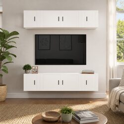 TV Cabinet Set 6 Piece White Wall Mounted Storage Unit Engineered Wood Furniture