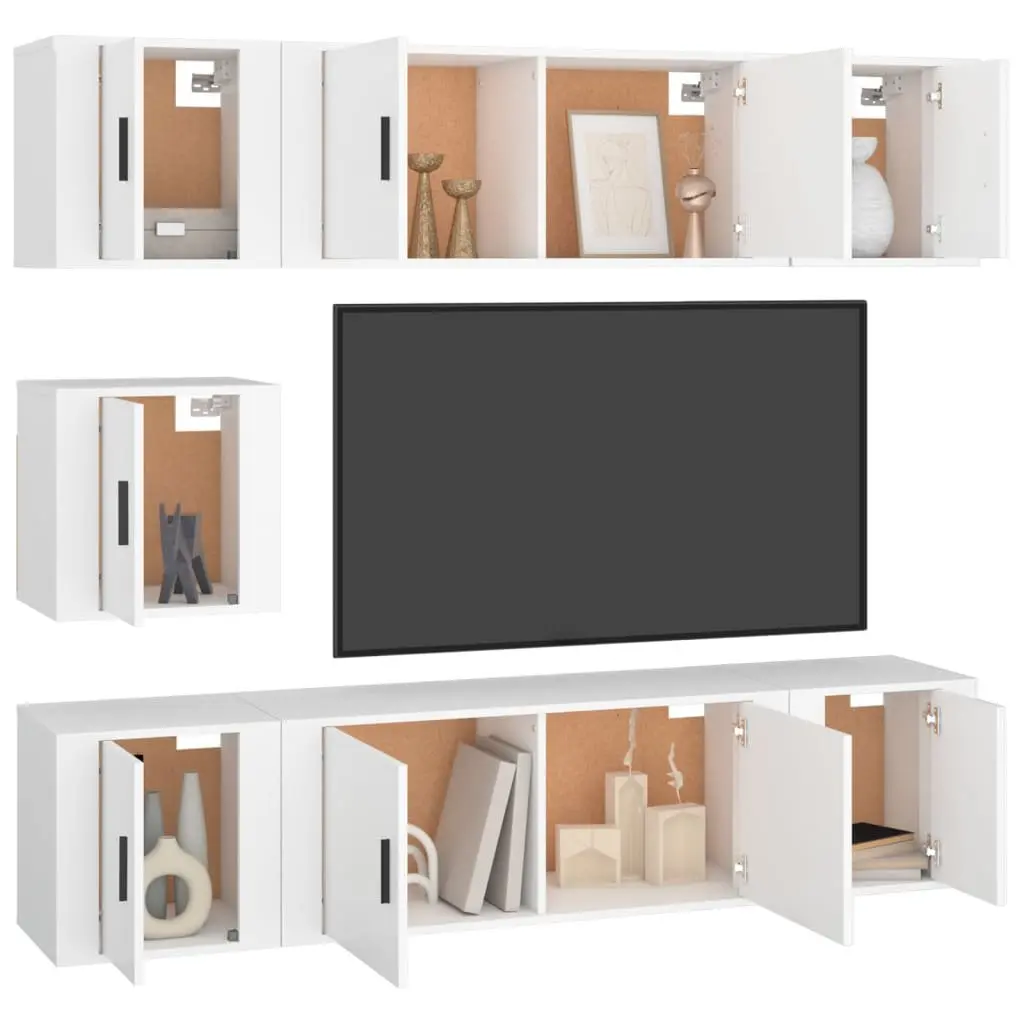 7 Piece TV Cabinet Set Wall Mounted Storage Unit White Engineered Wood Furniture