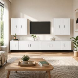 TV Cabinet Set 8 Piece Wall Mounted Living Room Storage White Engineered Wood