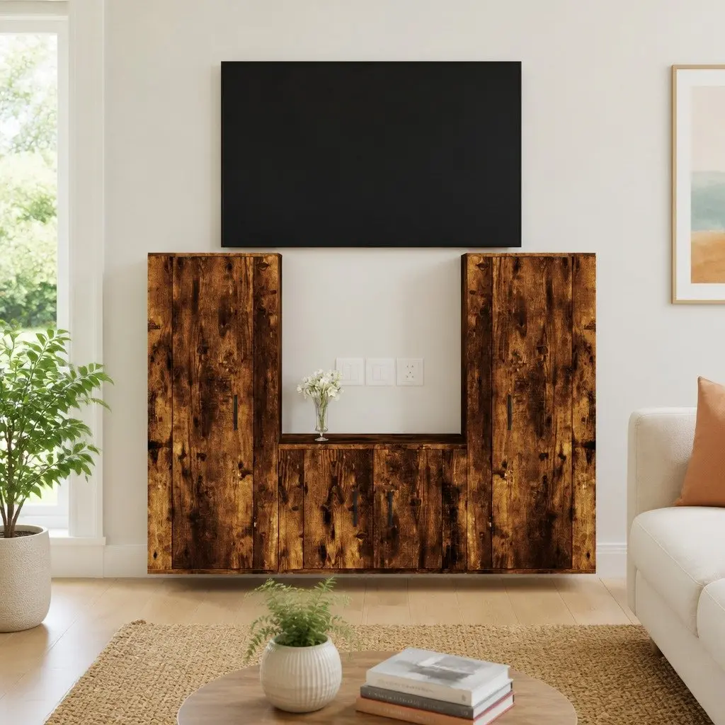 TV Cabinet Set Wall-Mounted Media Storage Unit 3 Piece Engineered Wood Brown