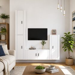 TV Cabinet Set 4 Piece White Wall Mounted Media Storage Unit Engineered Wood