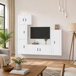 5 Piece TV Cabinet Set Wall Mounted Storage Media Unit White Engineered Wood