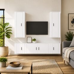 5 Piece TV Cabinet Set Wall Mounted Storage Media Unit White Engineered Wood