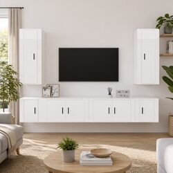 6 Piece TV Cabinet Set Wall-Mounted Media Storage High Gloss White Wood Units