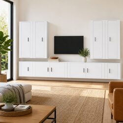 White Wall-Mounted TV Cabinet Set 8 Piece Engineered Wood Media Storage Units