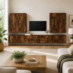 TV Cabinet Set 8 Piece Wall-Mounted Media Storage Engineered Wood Brown