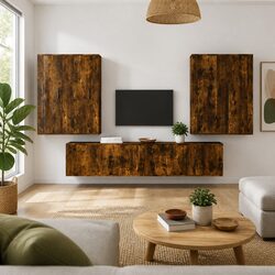 TV Cabinet Set Wall-Mounted Media Storage Unit Engineered Wood Brown 6 Piece