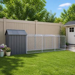 Dog House with Run Anthracite Galvanised Steel Outdoor Pet Kennel Shelter