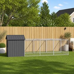 Dog House with Extended Run Anthracite Galvanised Steel Outdoor Pet Cage Shelter