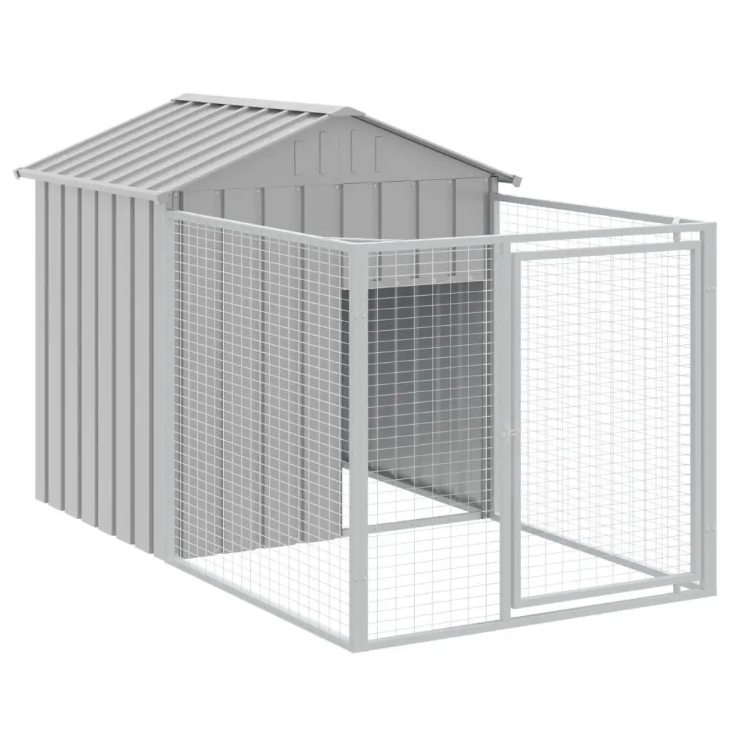 Dog House with Extended Run Galvanised Steel Grey Pet Pen