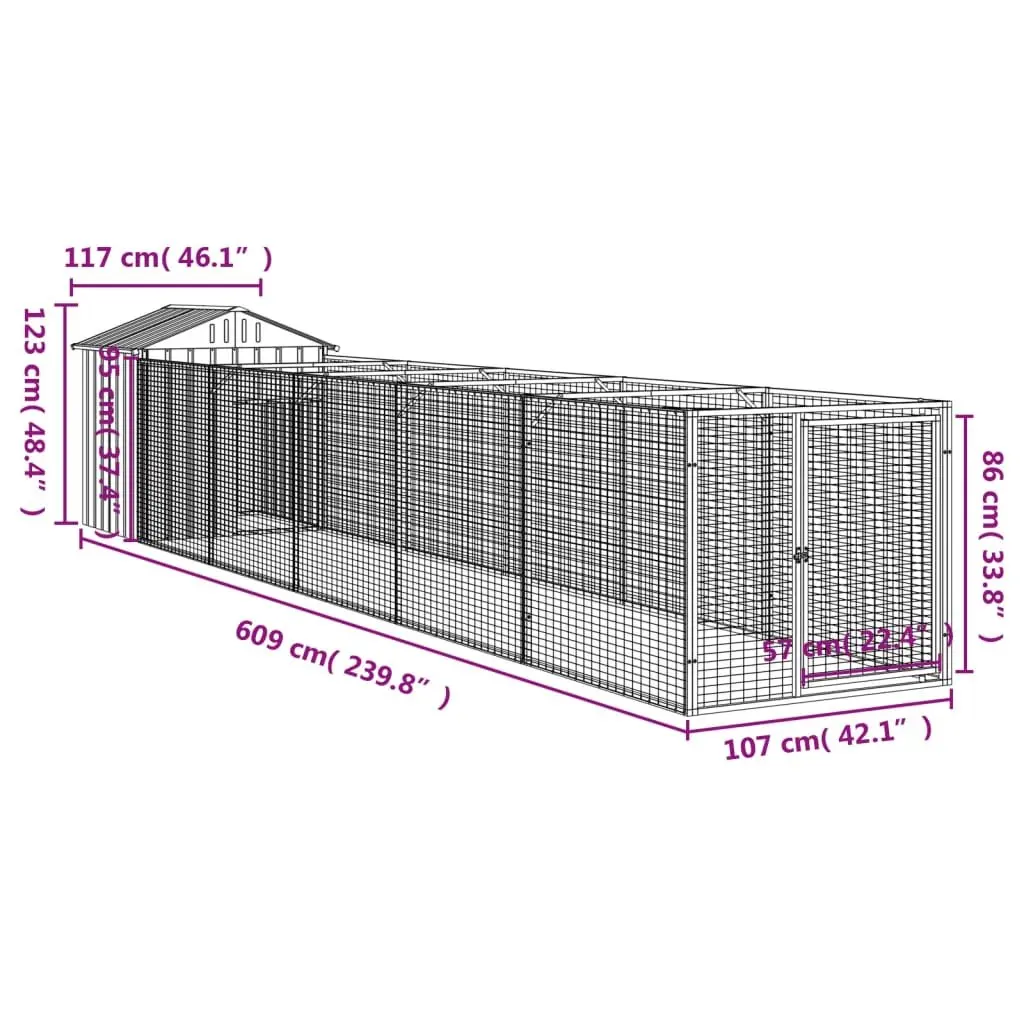 Dog House with Extended Run Galvanised Steel Grey Pet Pen