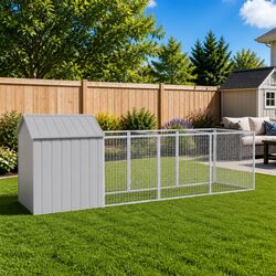 Dog House with Run Galvanised Steel Grey Outdoor Pet Kennel Cage Enclosure