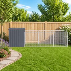 Dog House with Run Anthracite Galvanised Steel Outdoor Kennel Cage Shelter Pet