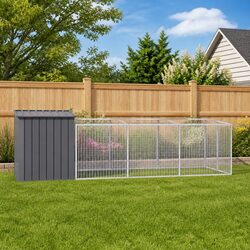 Dog House with Run Anthracite Galvanised Steel Outdoor Pet Kennel Enclosure