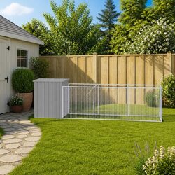 Dog House with Run Light Grey Outdoor Pet Kennel Galvanised Steel Enclosure