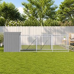 Dog House with Run Light Grey Galvanised Steel Outdoor Pet Kennel Enclosure