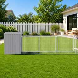 Dog House with Run Light Grey Galvanised Steel Outdoor Pet Kennel Enclosure
