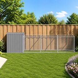 Dog House with Run Outdoor Pet Kennel Galvanised Steel Grey Puppy Enclosure