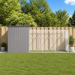 Dog House with Run Light Grey Outdoor Pet Kennel Enclosure Galvanised Steel