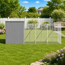 Dog House with Run Light Grey Galvanised Steel Pet Kennel Outdoor Enclosure