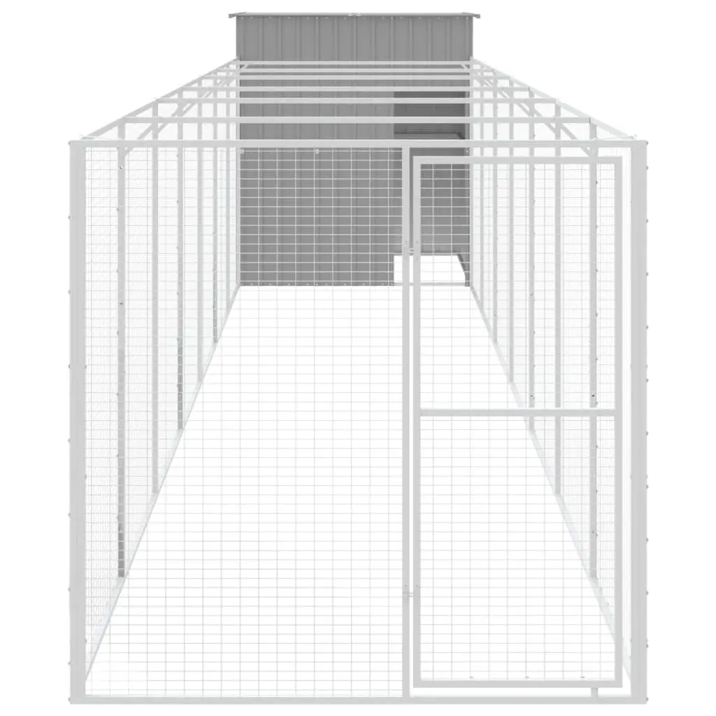 Dog House with Run Galvanised Steel Light Grey Outdoor Pet Cage Shelter