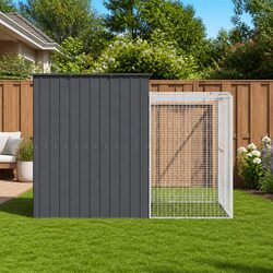 Dog House with Run Anthracite Galvanised Steel Outdoor Pet Kennel Enclosure