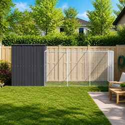 Dog House with Run Anthracite Galvanised Steel Pet Kennel Outdoor Cage Enclosure